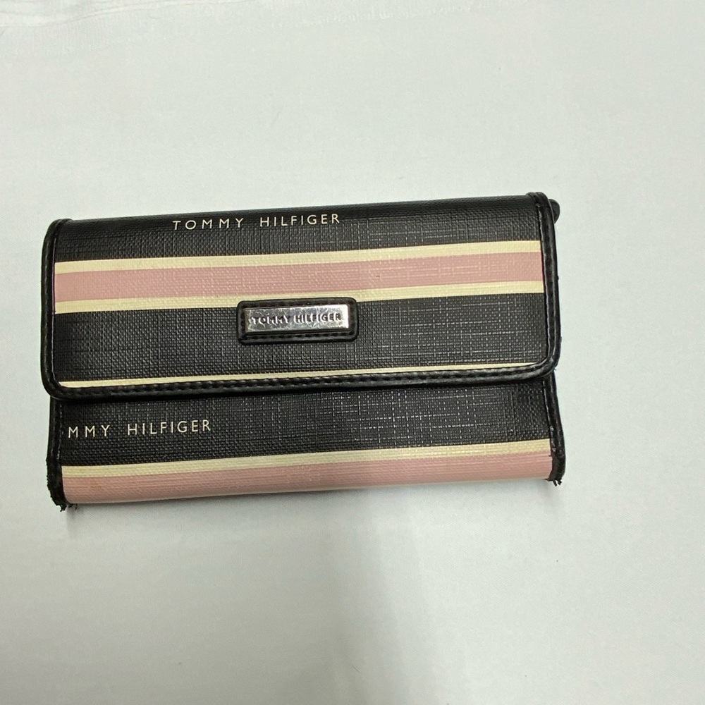 Tommy Hilfiger Black Wallet with Pink and Cream Stripes